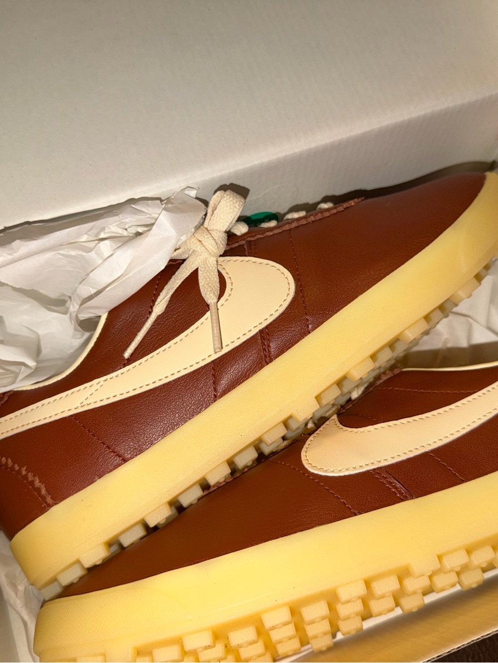 Nike Brown Leather Sneakers with Cream Swoosh and Yellow Sole